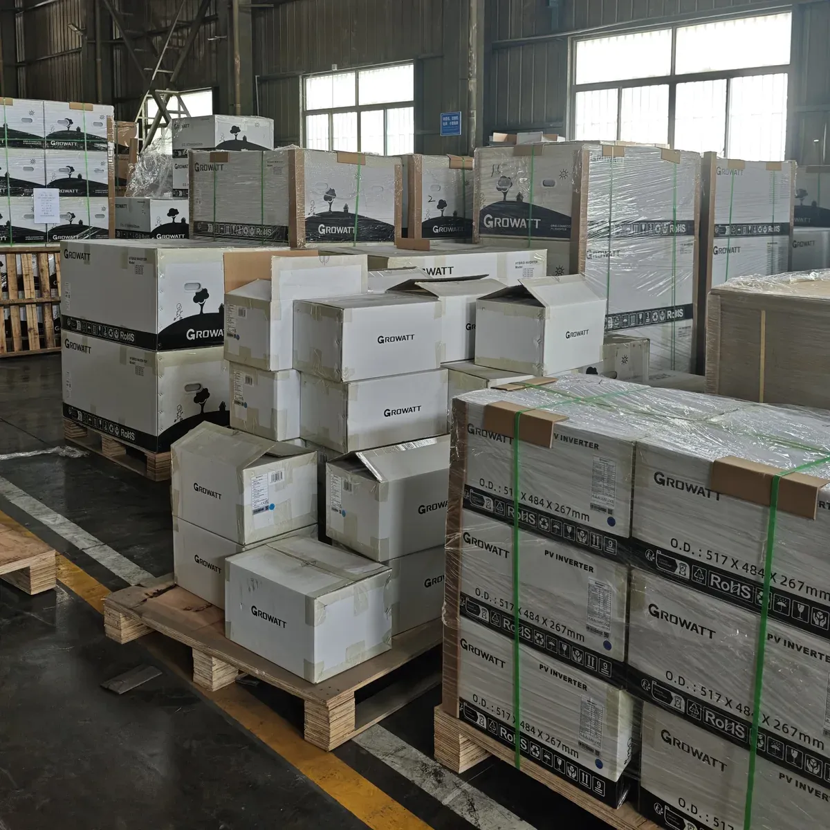 Selected Growatt inverter cartons in warehouse stock