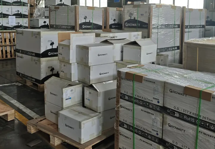 Packaged Growatt inverters in a storage facility