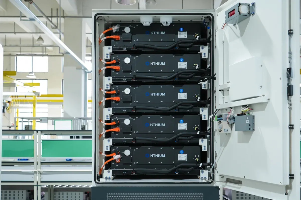 Detailed battery module view inside a Hithium DC cabinet