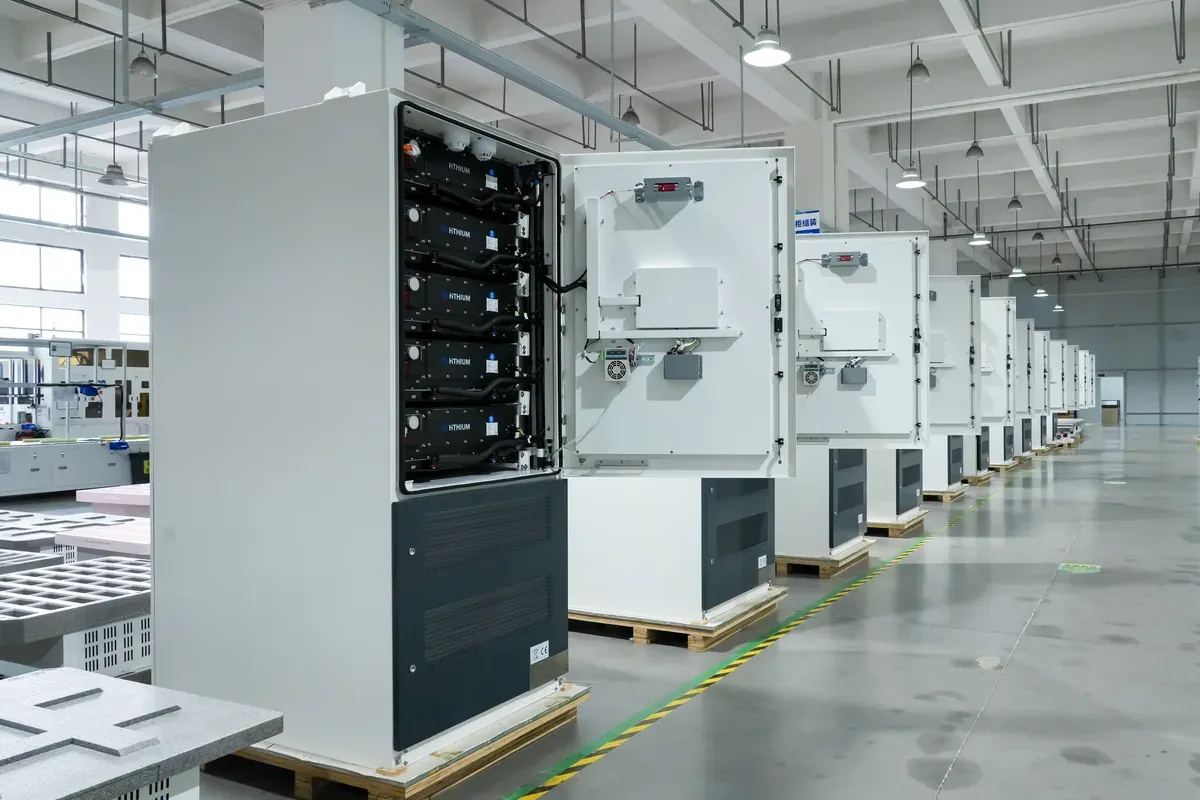 Open Hithium DC cabinets showing internal battery modules