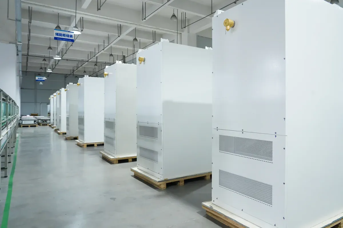 Rear view of battery cabinets on the factory assembly line